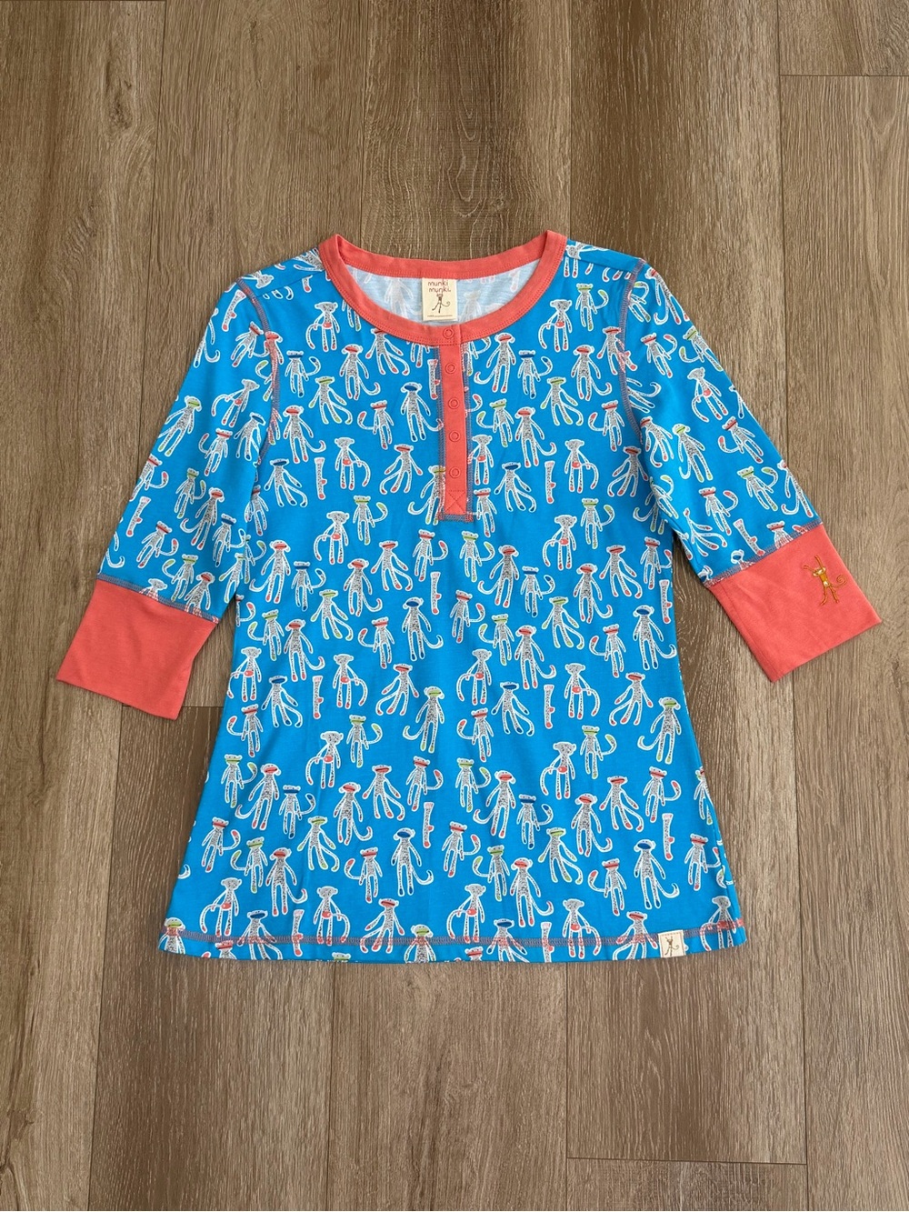 Munki Munki Pajama Set Novelty Monkey Print Blue Coral Size Medium - Picture 3 of 13